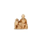 A MARINE IVORY NETSUKE OF A PRIEST AND A TIGER. 19th Century. The priest seated on a rock, with