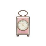 A FINE EARLY 20TH CENTURY SILVER AND ENAMEL MINIATURE TRAVELLING CARRIAGE CLOCK BY THE GENEVA