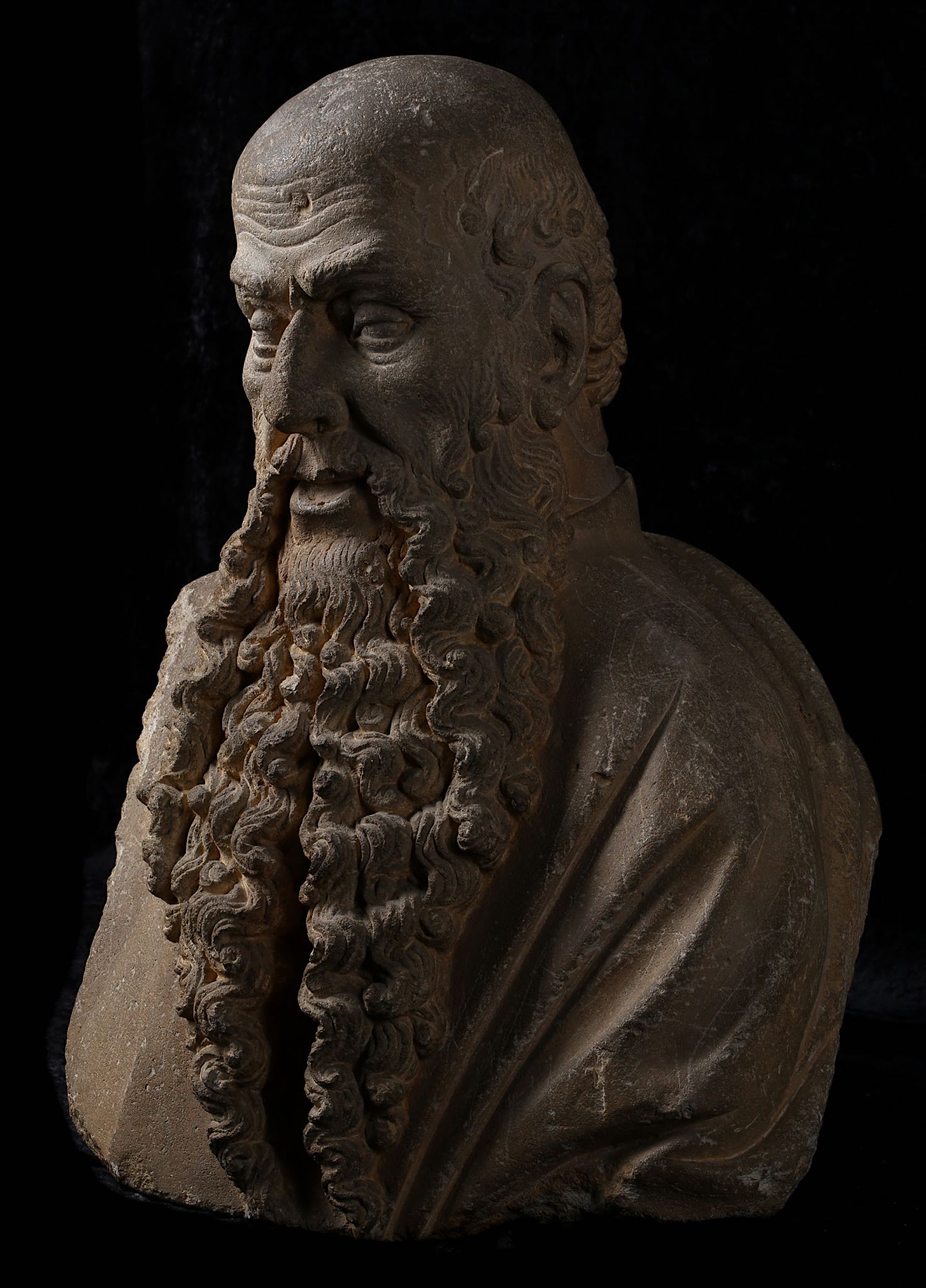 AN IMPORTANT LATE 15TH CENTURY ITALIAN CARVED SANDSTONE BUST OF A BEARDED MAN, CIRCLE OF ANGELO DI - Image 3 of 14