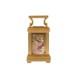 A FINE EARLY 20TH CENTURY FRENCH GILT BRASS AND ENAMELLED MINIATURE CARRIAGE CLOCK BY DROCOURT,
