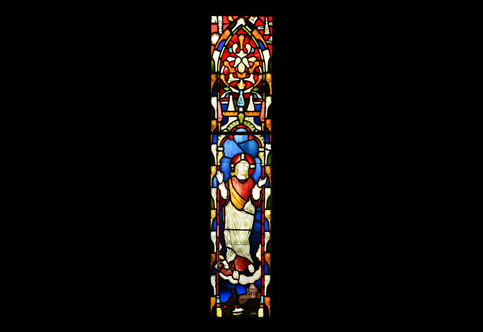 A SET OF THREE LARGE 19TH CENTURY STAINED GLASS PANELS DEPICTING CHRIST the tall windows depicting - Image 3 of 3