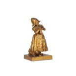CHARLES LOUCHET (FRENCH, 1854-1936): A GILT BRONZE FIGURE OF A DUTCH GIRL WITH CAT wearing a cap and