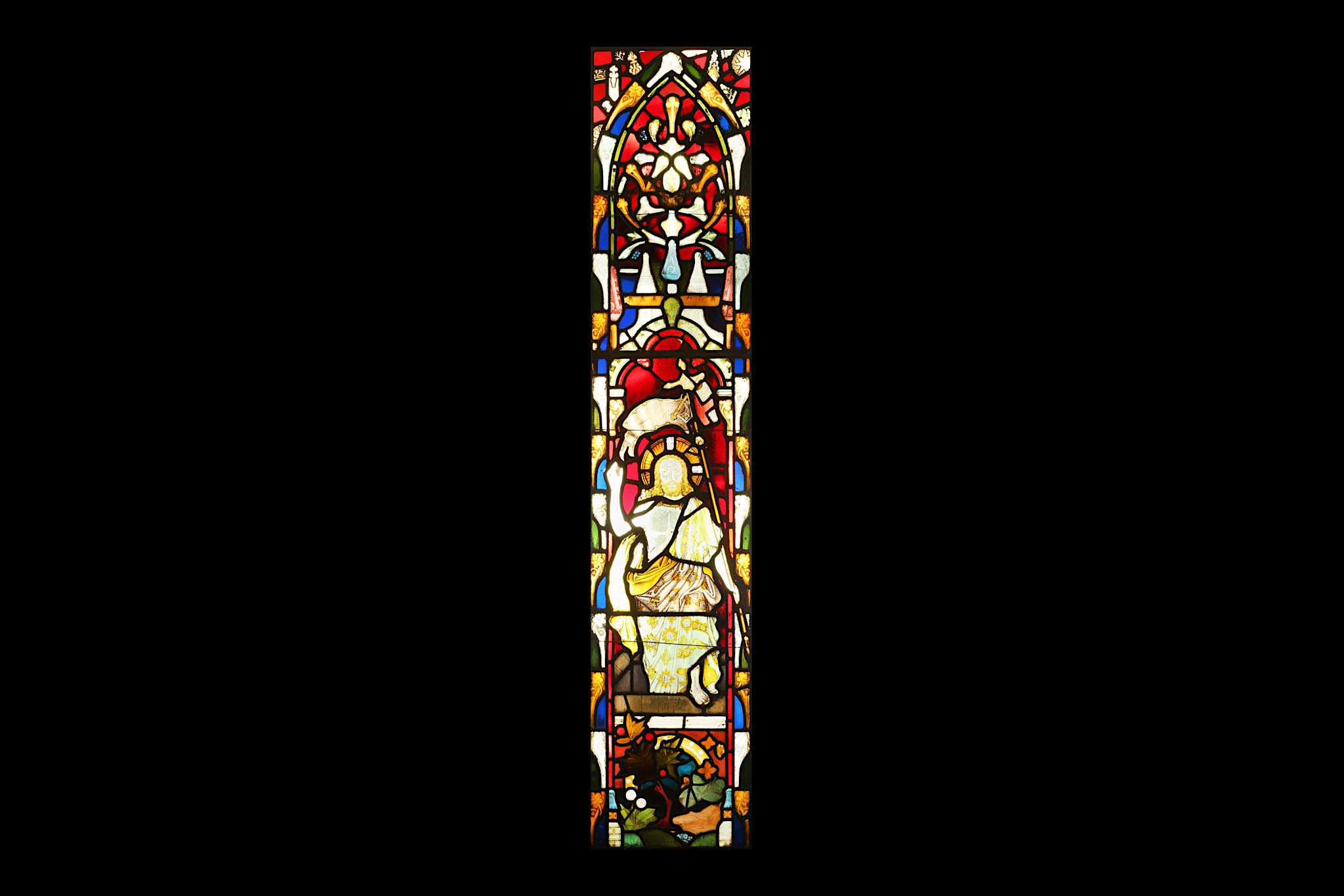 A SET OF THREE LARGE 19TH CENTURY STAINED GLASS PANELS DEPICTING CHRIST the tall windows depicting