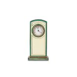 AN EARLY 20TH CENTURY SWISS ENAMEL AND SILVERED METAL MINIATURE TRAVELLING CLOCK of arched