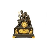 A LARGE EARLY 19TH CENTURY FRENCH EMPIRE PERIOD GILT AND PATINATED BRONZE FIGURAL MANTEL CLOCK