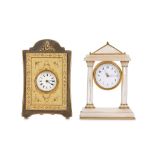 AN EARLY 20TH CENTURY MOTHER OF PEARL AND GILT METAL MINIATURE TRAVELLING CLOCK TOGETHER WITH