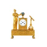 AN EARLY 19TH CENTURY EMPIRE PERIOD GILT BRONZE MANTEL CLOCK DEPICTING AN ALLEGORY OF ASTRONOMY