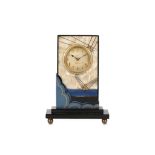 A SMALL ART DECO PERIOD FRENCH BAKELITE AND MOTHER OF PEARL DESK CLOCK of shaped narrow case with