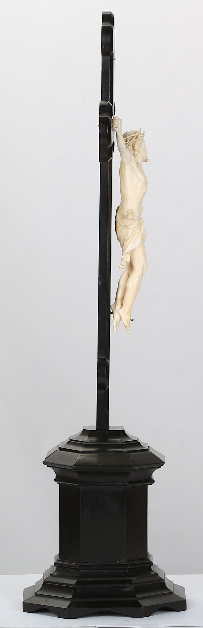 A 19TH CENTURY CARVED IVORY AND EBONY CRUCIFIX  the Corpus Christi figure of Christ depicted wearing - Image 3 of 5