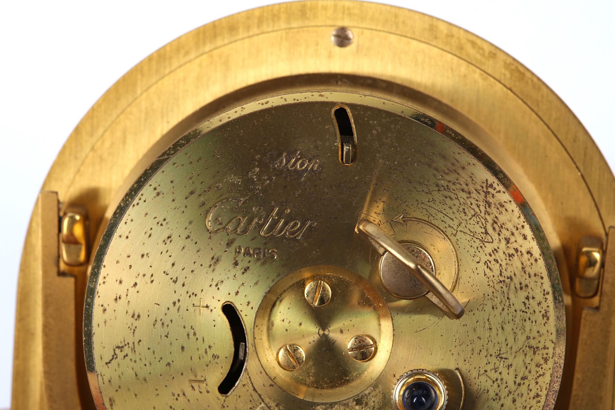 A LATE 20TH CENTURY CARTIER GILT BRASS ALARM CLOCK of arched frame form with cream enamel - Image 5 of 5