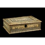 A LATE 18TH CENTURY ANGLO-INDIAN VIZAGAPATAM SANDALWOOD AND IVORY BOX the hinged lid centred by an