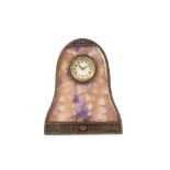 AN EARLY 20TH CENTURY AUSTRIAN SILVER AND ENAMELLED DESK CLOCK of arched form, with filigree work