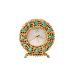 A 1960'S SWISS 18K GOLD AND AMAZONITE SET MINIATURE TABLE CLOCK BY GUBELIN N° 201720 the circular