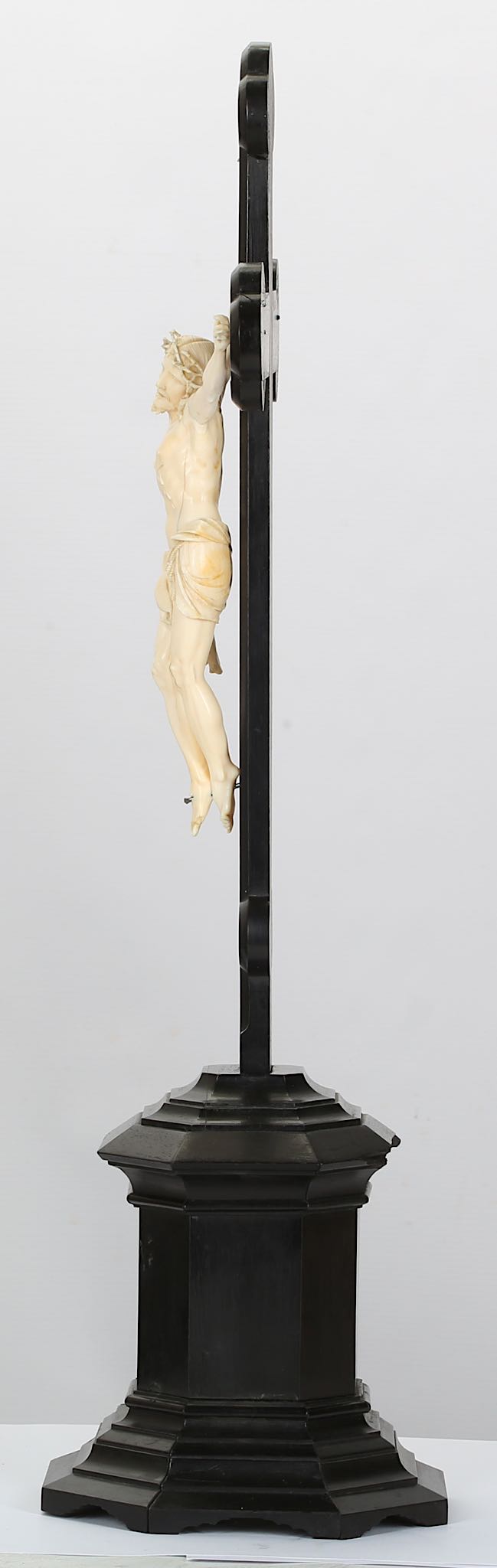 A 19TH CENTURY CARVED IVORY AND EBONY CRUCIFIX  the Corpus Christi figure of Christ depicted wearing - Image 2 of 5