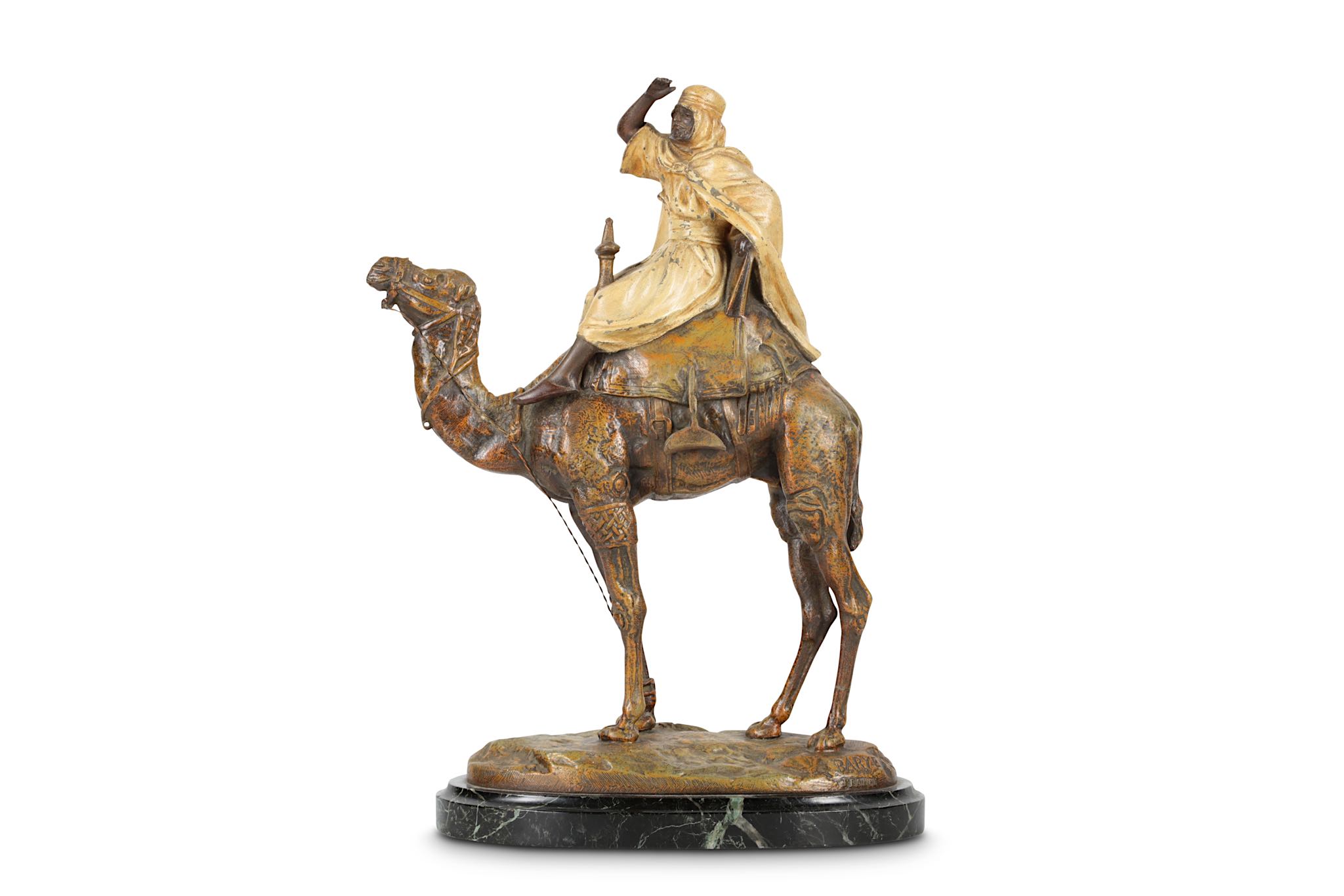 ALFRED BARYE (1839-1882): A LATE 19TH CENTURY COLD PAINTED SPELTER MODEL OF AN ARAB RIDING A
