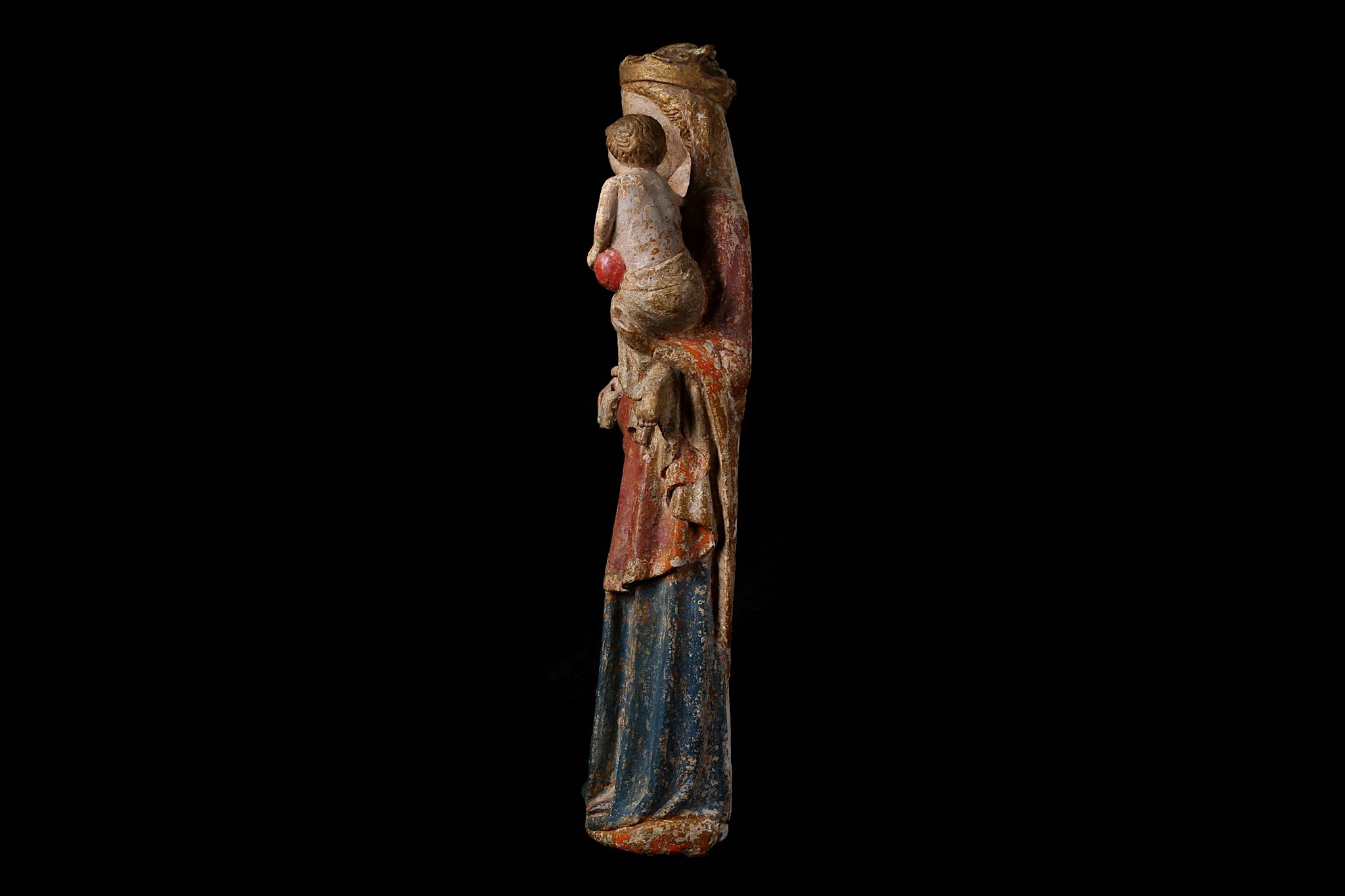 A MID 14TH CENTURY FRENCH POLYCHROME, GILDED AND CARVED LIMESTONE GROUP OF THE VIRGIN AND CHILD, - Image 2 of 11