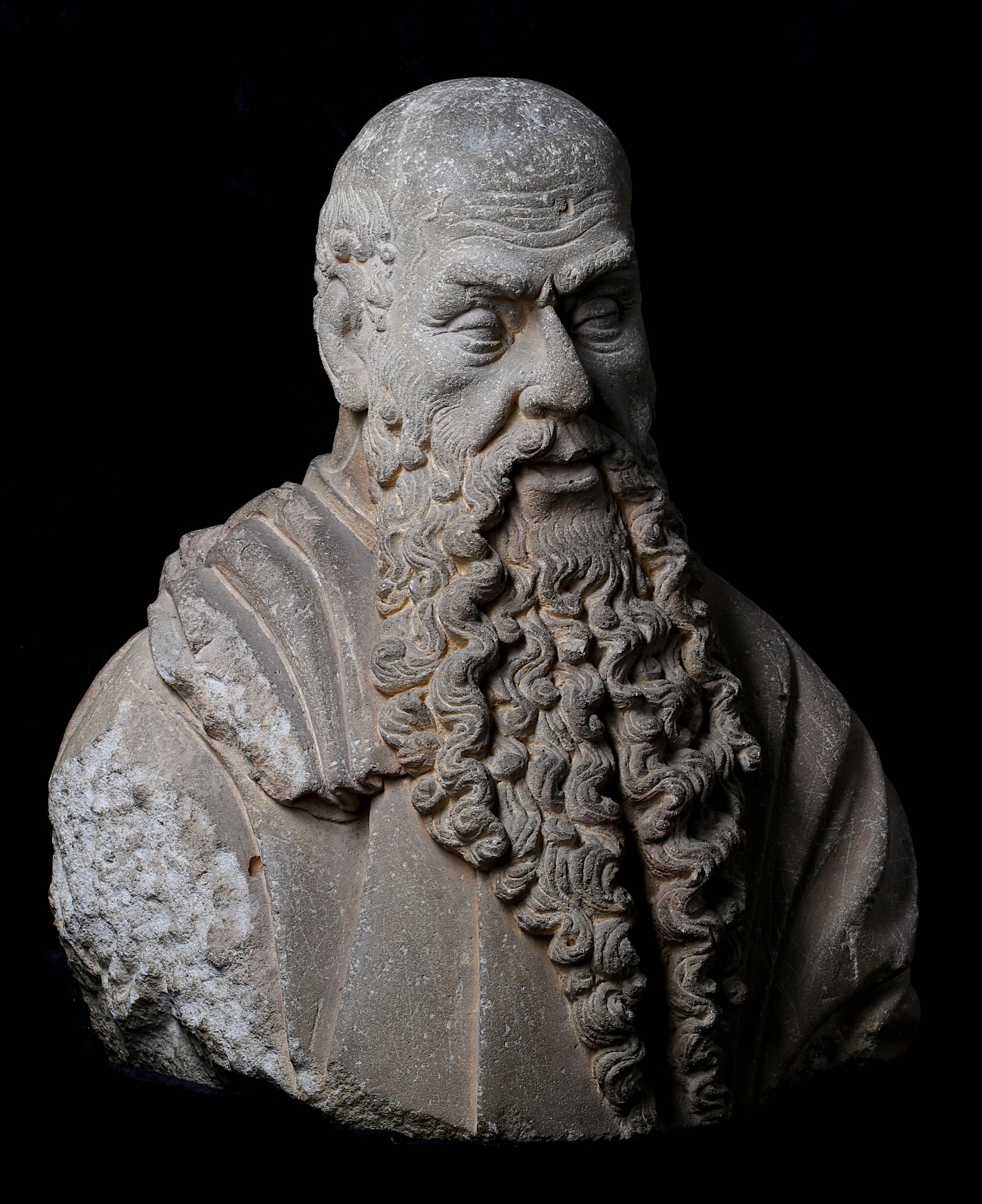 AN IMPORTANT LATE 15TH CENTURY ITALIAN CARVED SANDSTONE BUST OF A BEARDED MAN, CIRCLE OF ANGELO DI - Image 2 of 14