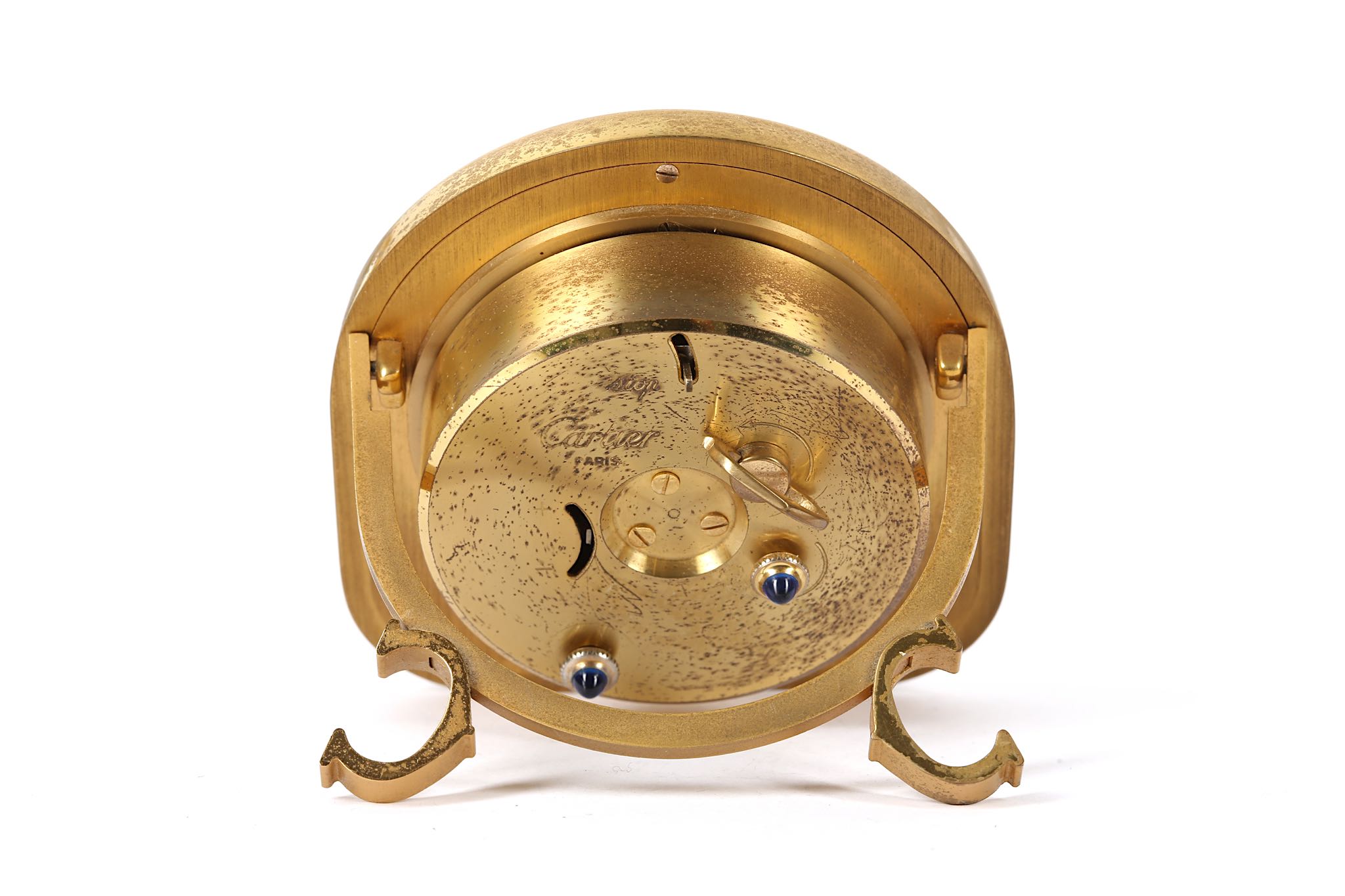 A LATE 20TH CENTURY CARTIER GILT BRASS ALARM CLOCK of arched frame form with cream enamel - Image 3 of 5
