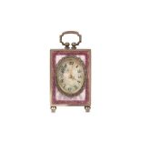 A FINE EARLY 20TH CENTURY SWISS SILVER AND ENAMEL MINIATURE TRAVELLING CARRIAGE CLOCK BY THE