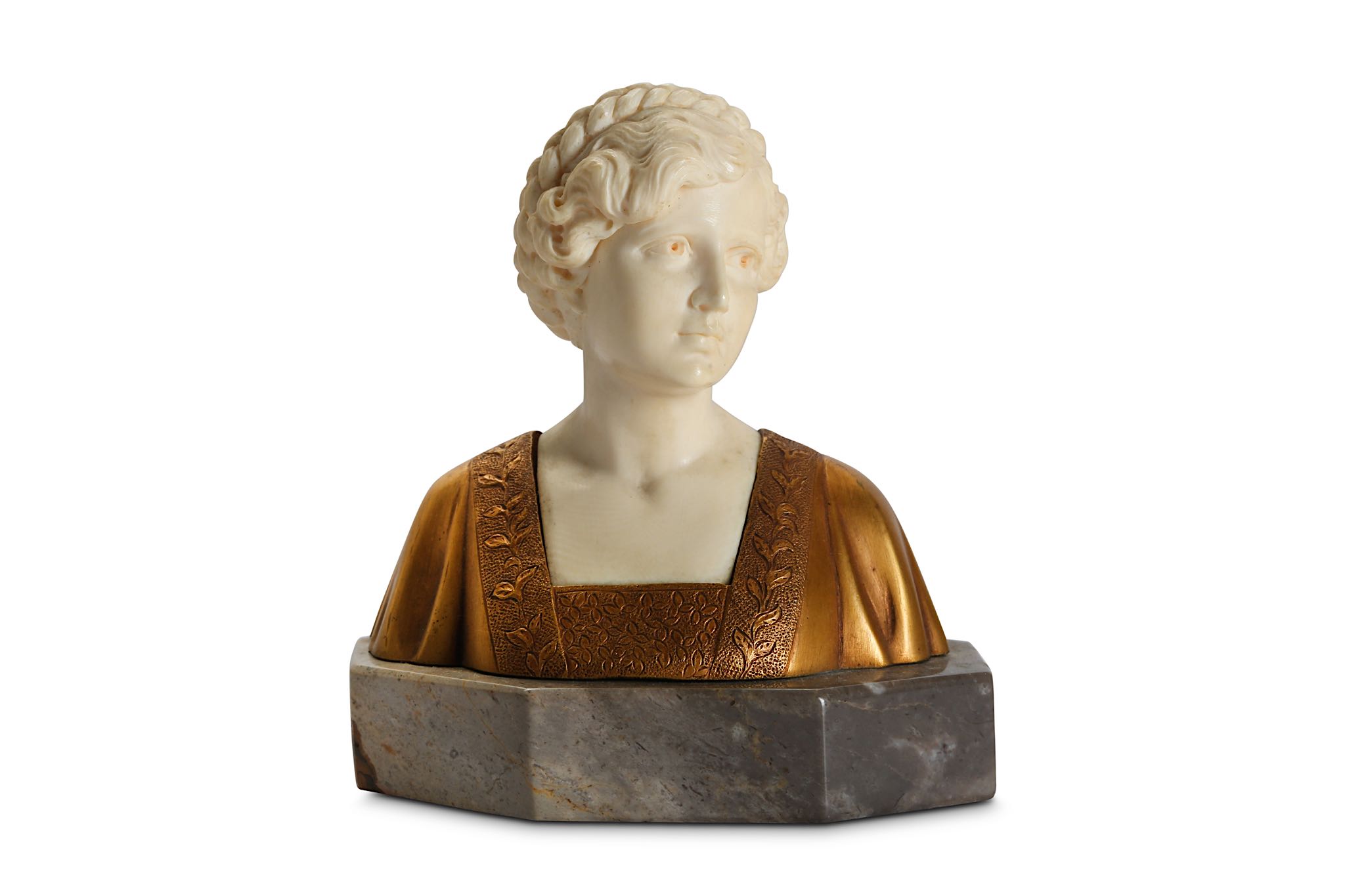 FERDINAND PREISS (GERMAN 1892-1943): AN IVORY AND GILT BRONZE BUST OF A GIRL  the young beauty