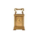 A LATE 19TH CENTURY VIENNESE GILT BRASS AND PEARL DECORATED MINIATURE CARRIAGE CLOCK BY CARL SUCHY &