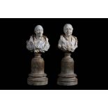 CLAUDE ANTOINE ROSSET (D. 1818): A PAIR OF LATE 18TH CENTURY CARVED IVORY BUSTS OF VOLTAIRE AND