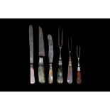 SIX 17TH / 18TH CENTURY AGATE, STEEL AND SILVER KNIVES AND FORKS, PROBABLY GERMAN comprising three