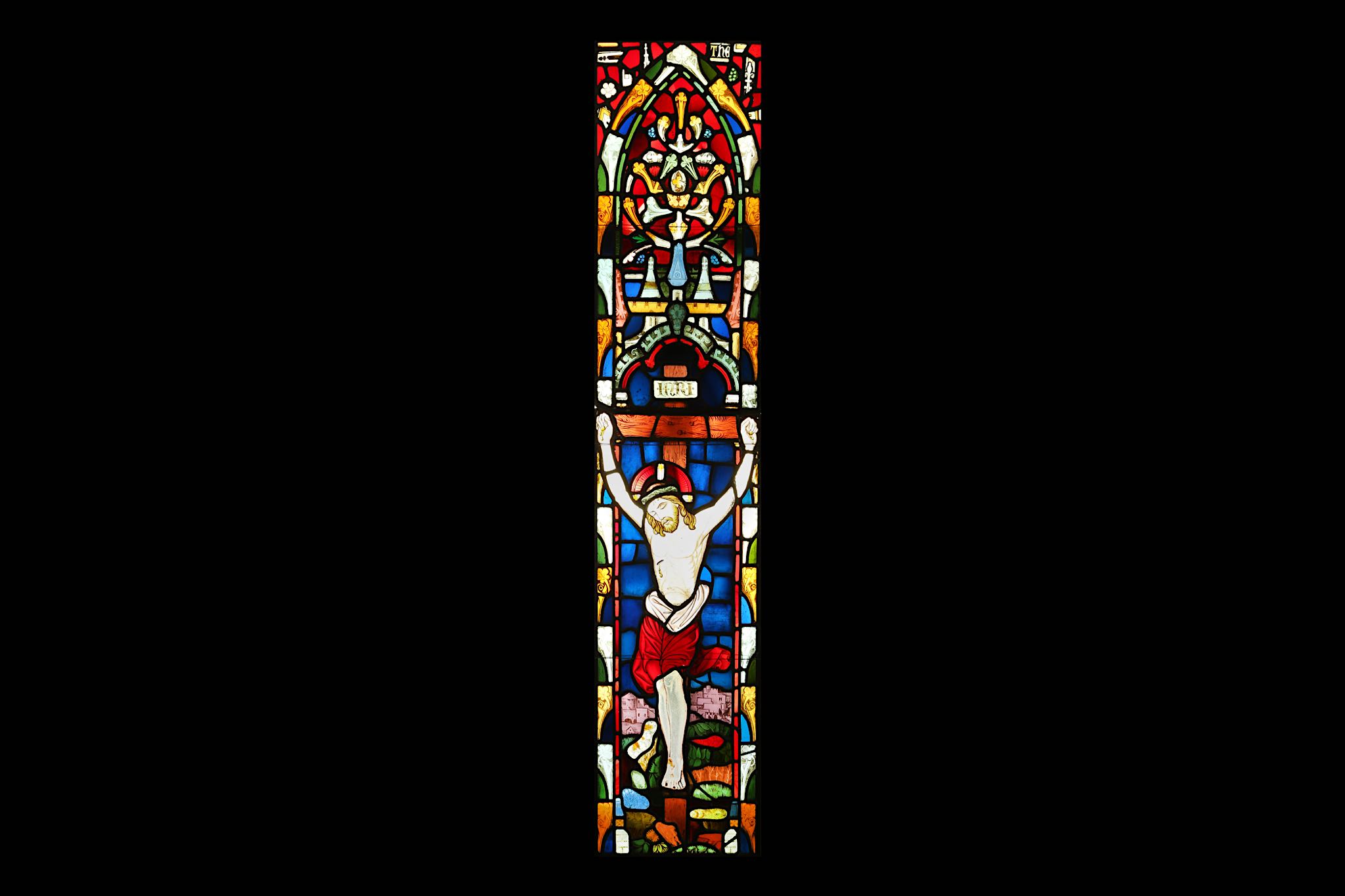 A SET OF THREE LARGE 19TH CENTURY STAINED GLASS PANELS DEPICTING CHRIST the tall windows depicting - Image 2 of 3