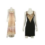 Two Roberto Cavalli Silk Dresses, the first dress is a silk bustier dress, showing a moth pattern of