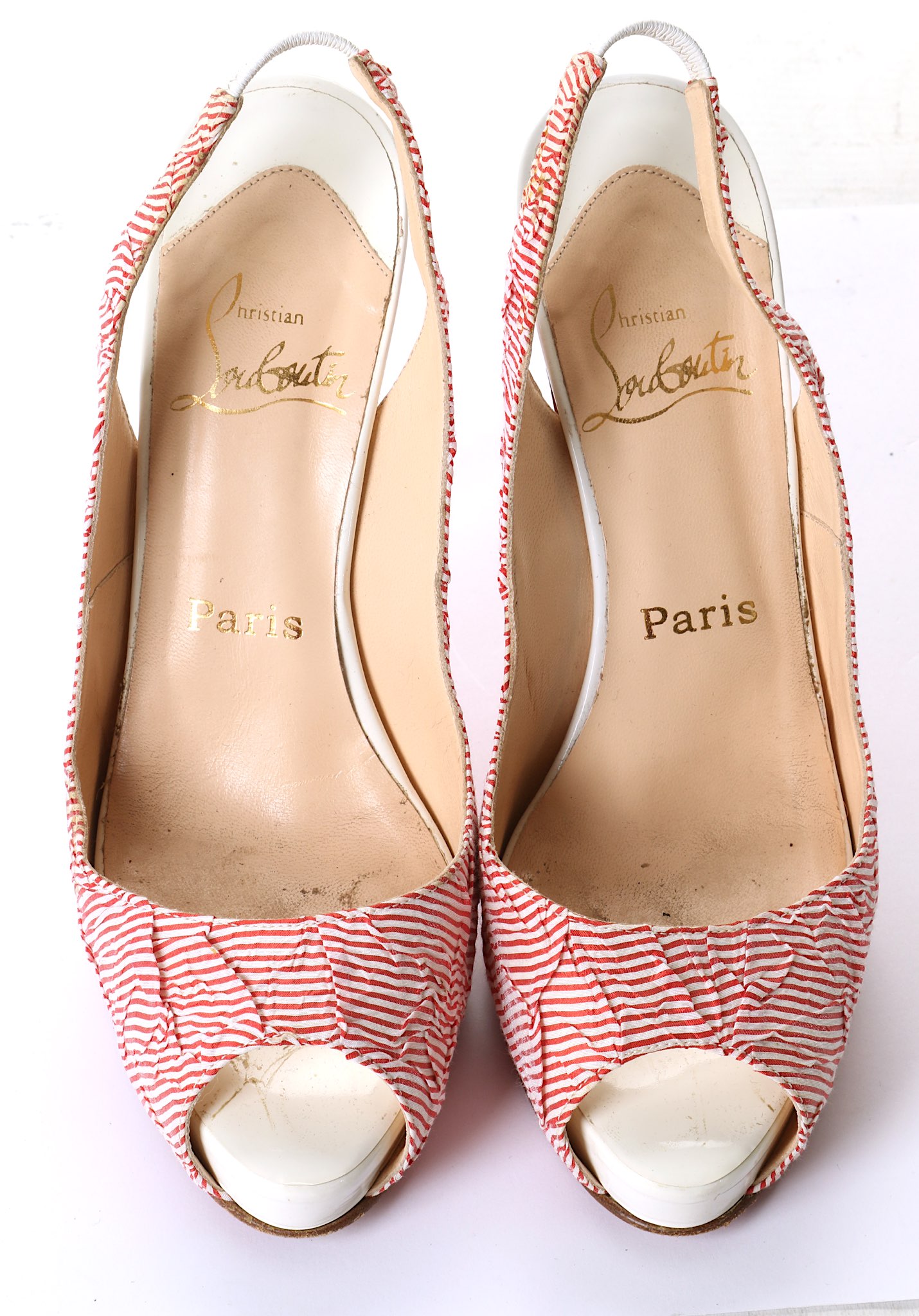 Christian Louboutin Red and White Striped Heels, p - Image 2 of 4