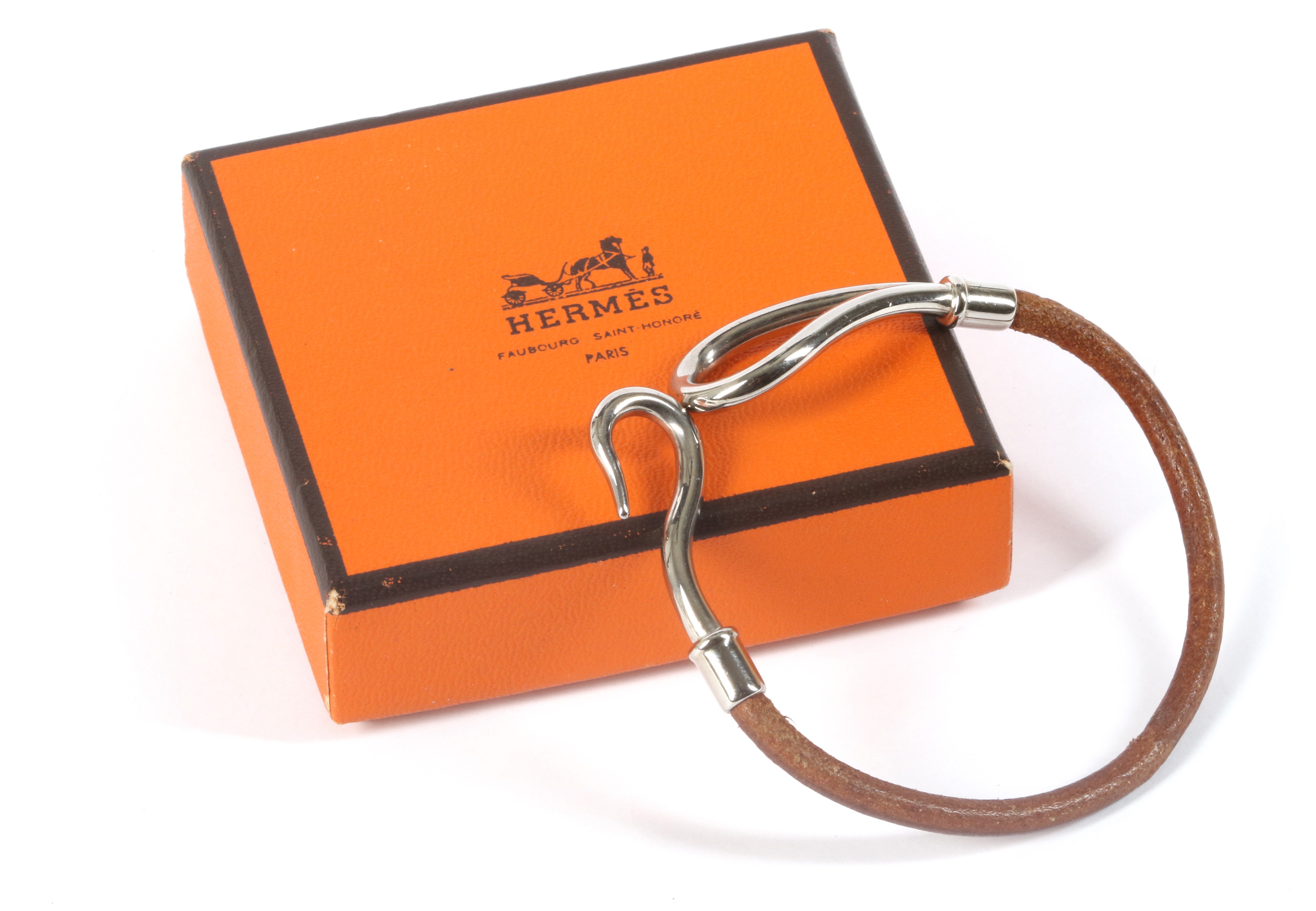 Hermes Jumbo Hook Leather Bracelet, brown leather cord with palladium hook closure, 5.5cm diameter - Image 3 of 3
