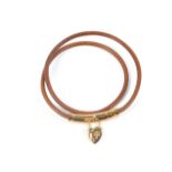 Hermes Heart Cadenas Bracelet, wraparound brown leather cord with gold tone heart charm, 5.5cm