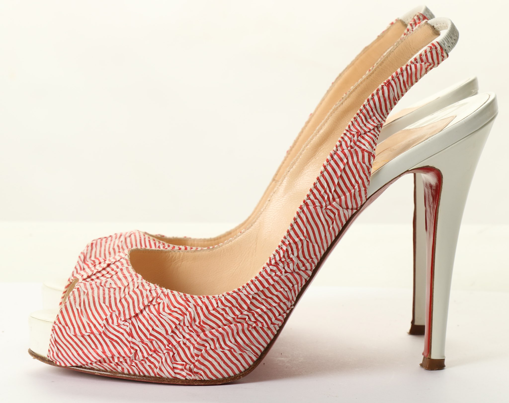 Christian Louboutin Red and White Striped Heels, p - Image 3 of 4