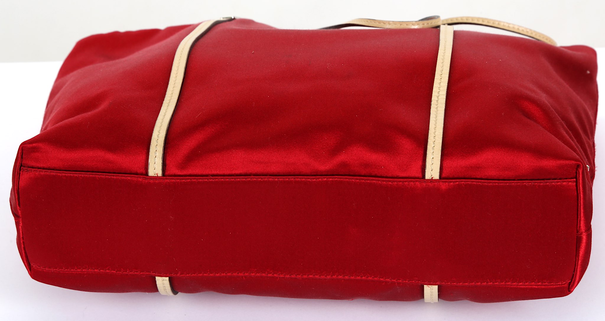 Prada Red Silk Petite Handbag, delicate cream leat - Image 3 of 5