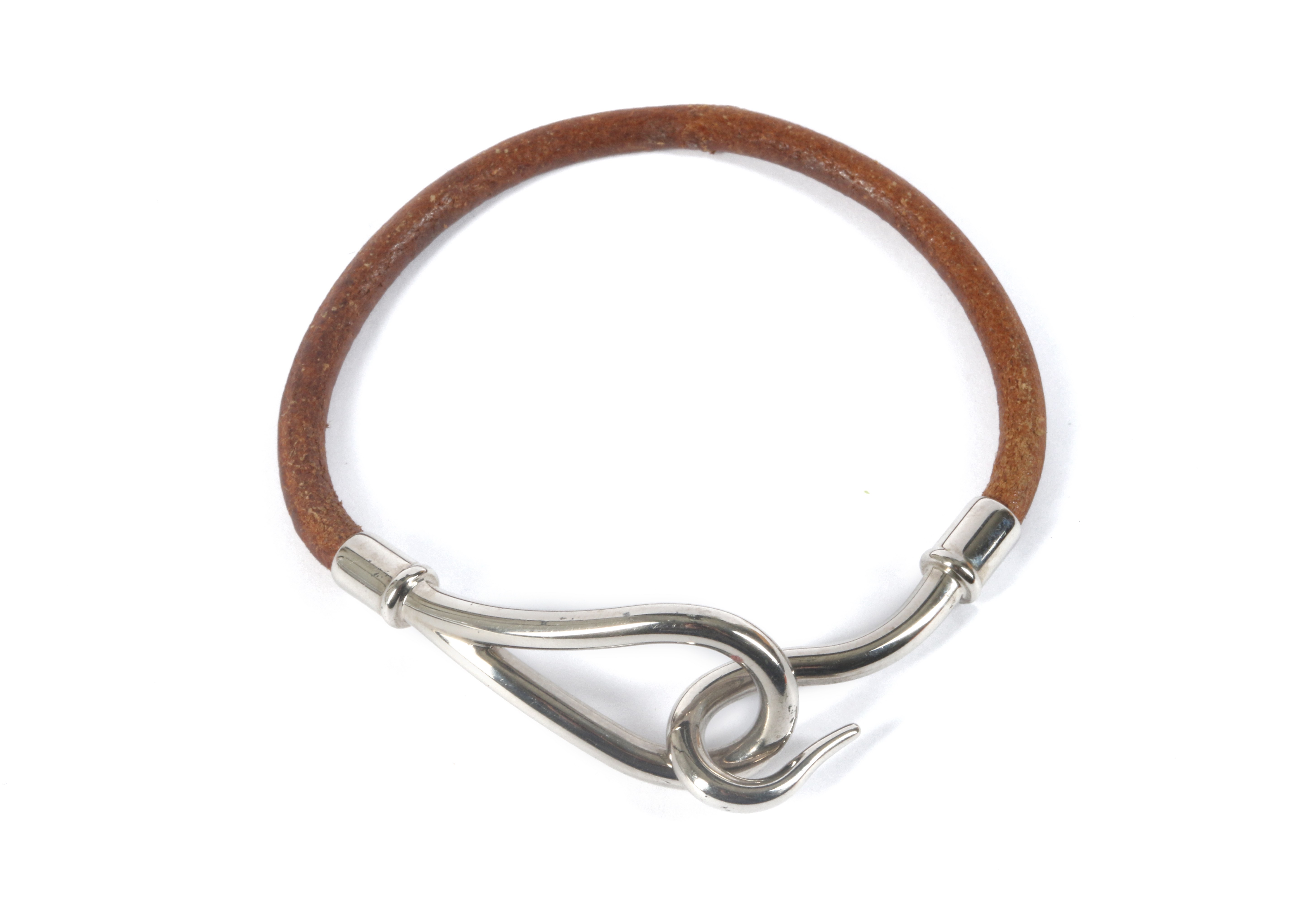 Hermes Jumbo Hook Leather Bracelet, brown leather cord with palladium hook closure, 5.5cm diameter