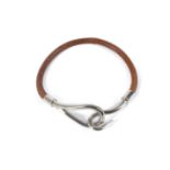 Hermes Jumbo Hook Leather Bracelet, brown leather cord with palladium hook closure, 5.5cm diameter