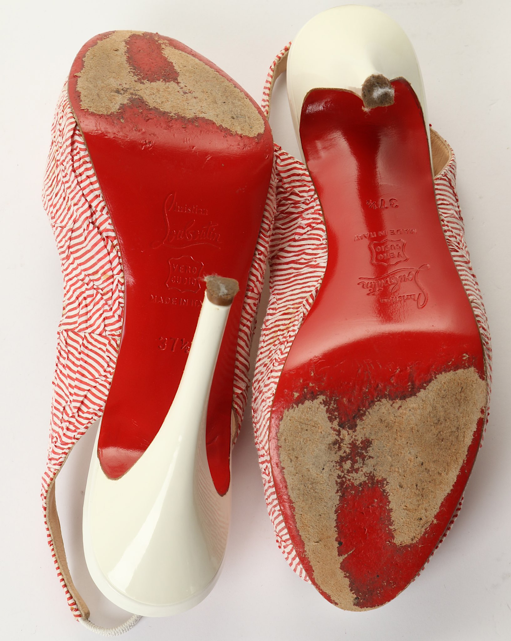 Christian Louboutin Red and White Striped Heels, p - Image 4 of 4