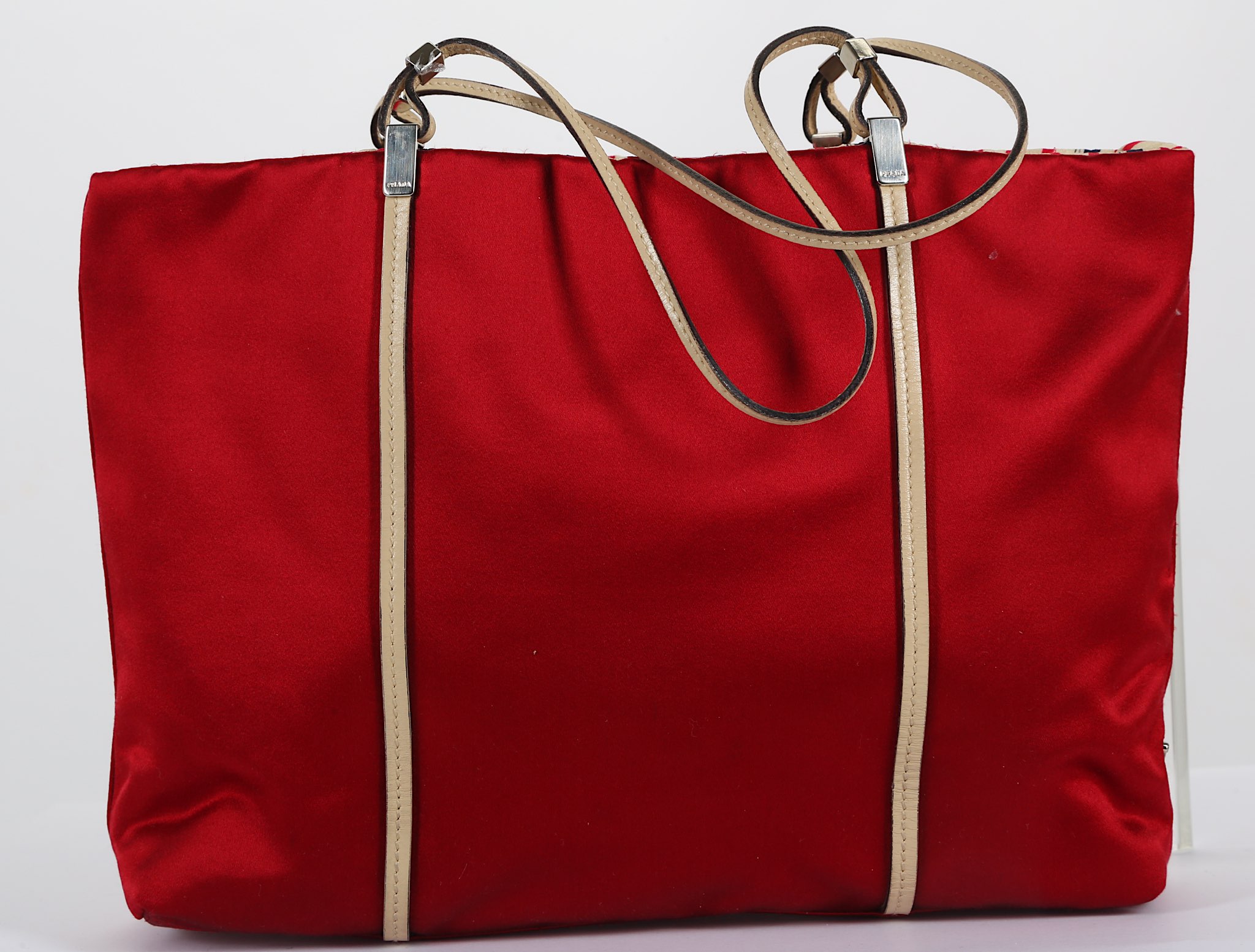 Prada Red Silk Petite Handbag, delicate cream leat - Image 2 of 5