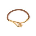 Hermes Jumbo Hook Leather Bracelet, brown leather cord with gold tone hook closure, 6cm diameter