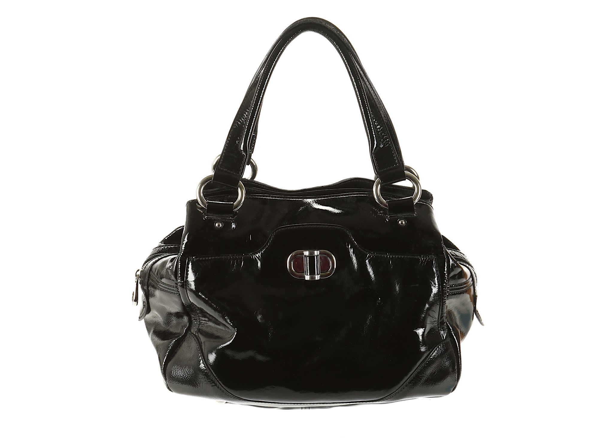 Alexander McQueen Black Patent Tote Bag, silver to