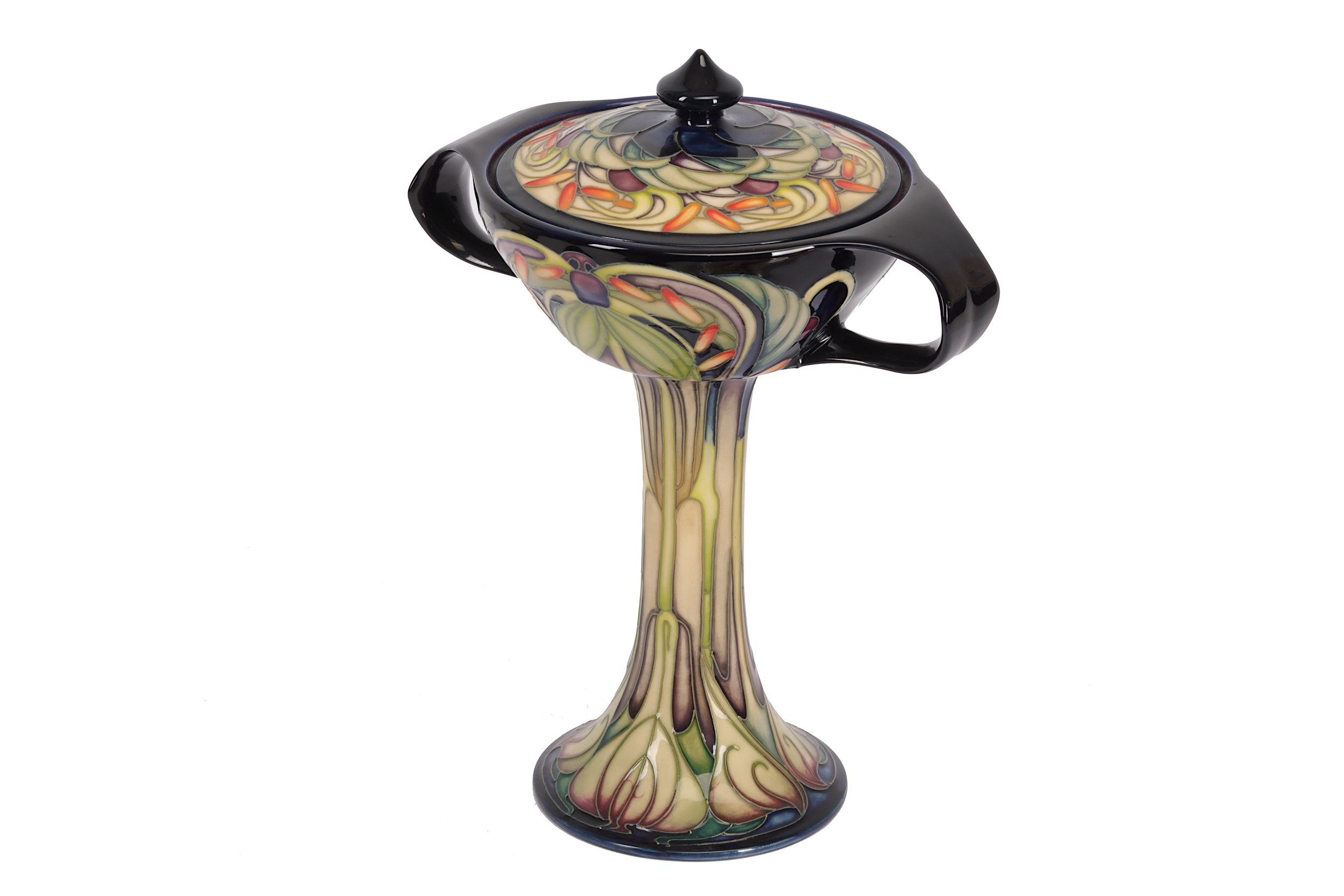 A Moorcroft pottery trial twin-handled chalice and cover, dated 2005, with a shallow bowl raised