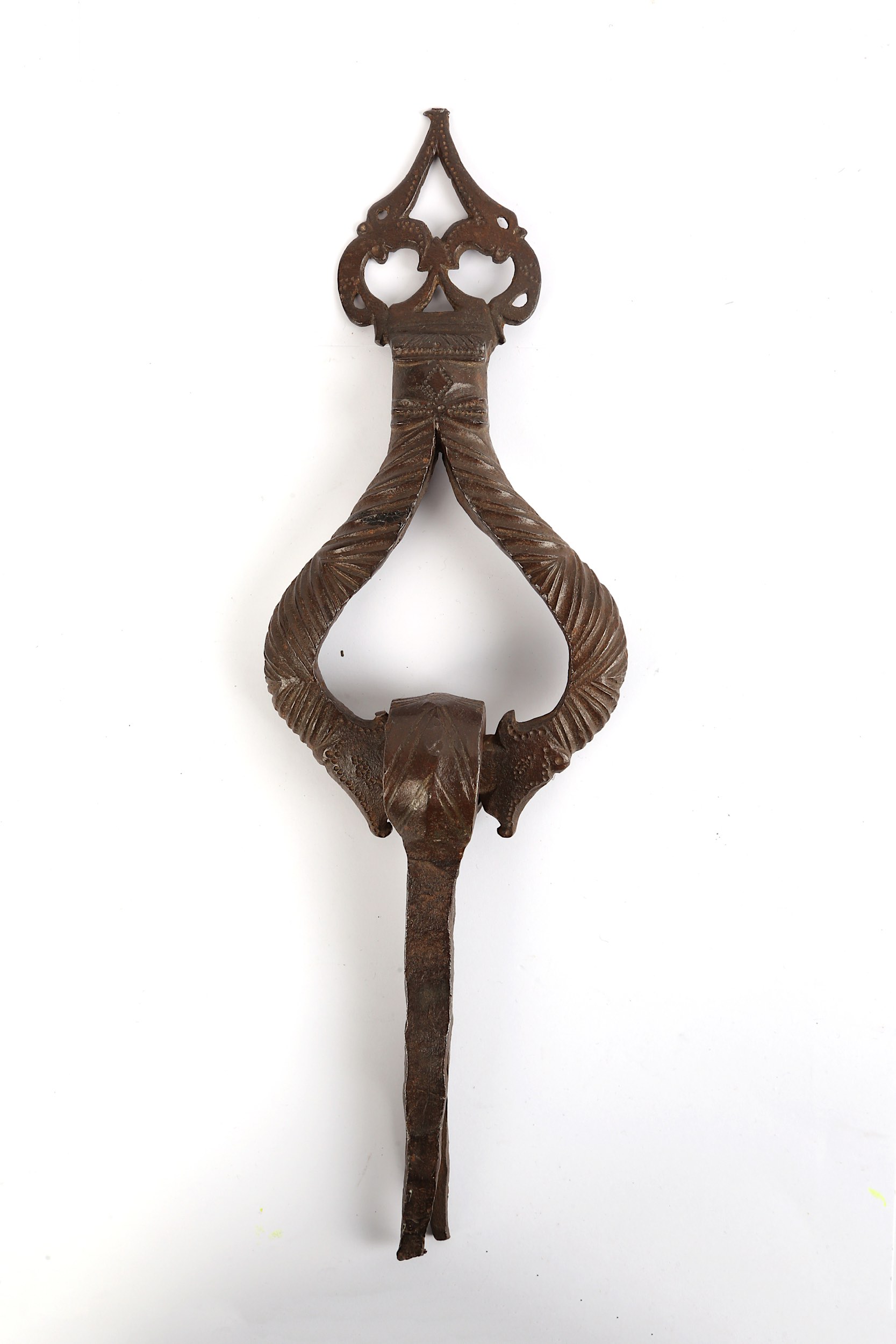 A late Safavid door knocker, Iran, 18th century, the knob of drop-shaped form, with linear - Image 3 of 4