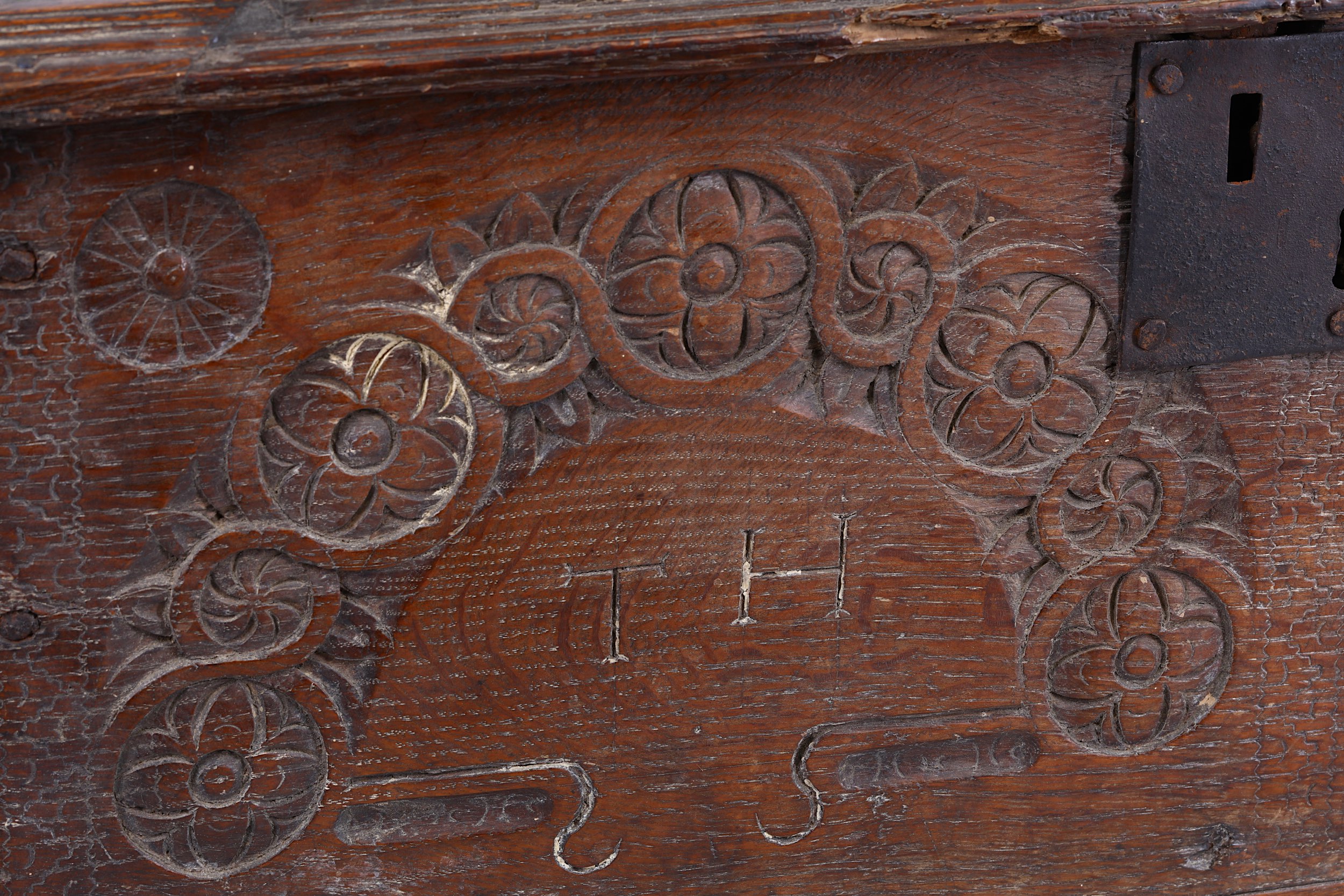 An English oak bible box, 17th Century, the front carved with twin Tudor Rose roundel arches, - Image 2 of 3