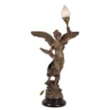 After Emile Bruchon, 'La Paix', a bronzed spelter lamp with an opaque flambe shade, 92cm high