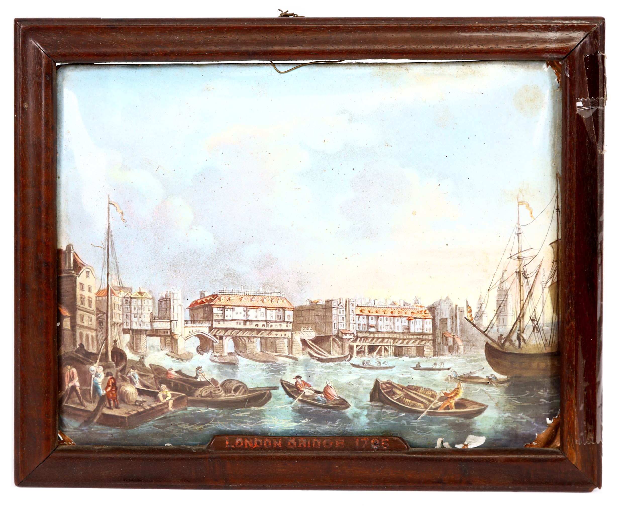 A fine English enamel plaque on copper, 18th / 19th Century, depicting a view of busy London Bridge,