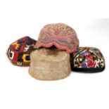 Five Central Asian tribal hats, South and Central Asia, possibly Turkmenistan, 20th Century,