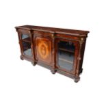 A good Victorian marquetry inlaid and boxwood strung figured walnut breakfront credenza, the central