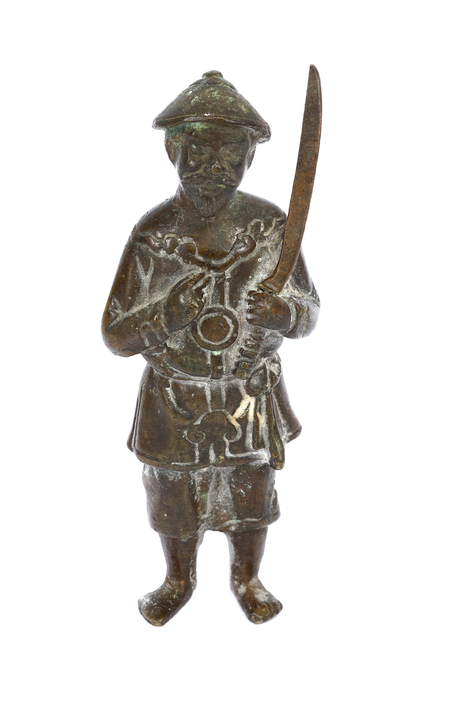 A bronze and patinated brass figure, 19th century, modelled as a peasant soldier with sword, 17cm