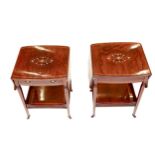 A pair of Edwardian marquetry inlaid rosewood occasional tables, with serpentine twin flap tops