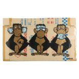 Mau Mau (British), 'Three Monkeys', mixed media on recycled cardboard, signed in black marker pen;